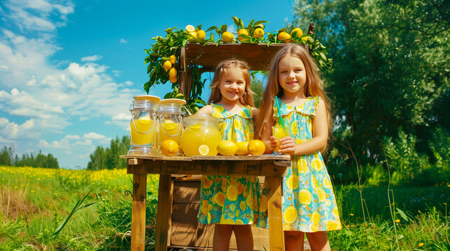 Two young sisters at backyard lemonade stand on sunny day