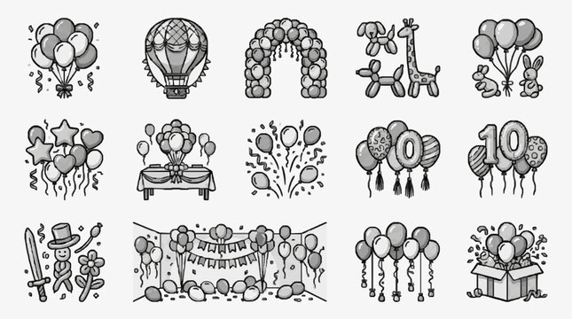 Modern Minimalist Black and White Balloon Themed Set Featuring Party Decorations Animals Numbers and Gift Concepts