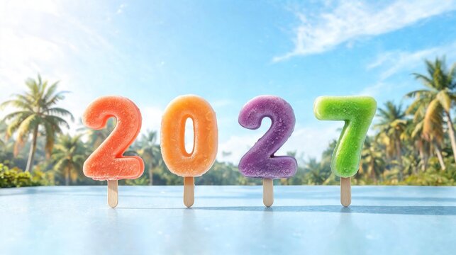 New Year food 2027 four fruit popsicles molded as in coral orange purple and green