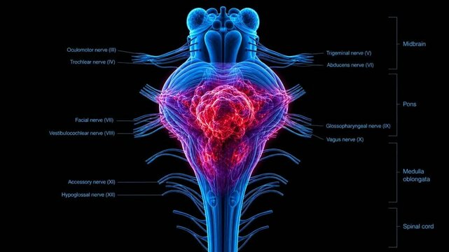 3D medical animation showing a brain tumor growing in the pons of a labeled brainstem.