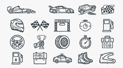 Modern Black and White Line Icons Set Featuring Racing Cars Safety Gear Tools and Track Elements © Diki