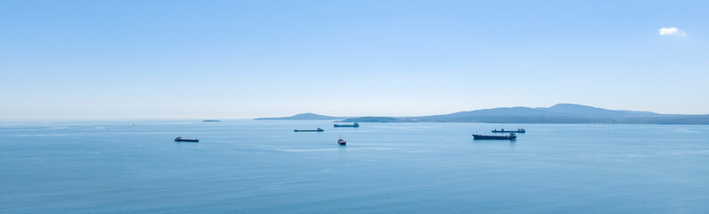 Ships anchored in the ocean near a distant coastline during the day © Denys
