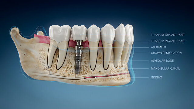 Medical illustration of a dental implant procedure in the human mandible