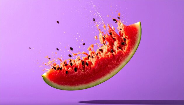 Bursting watermelon slice scattering seeds on solid purple background