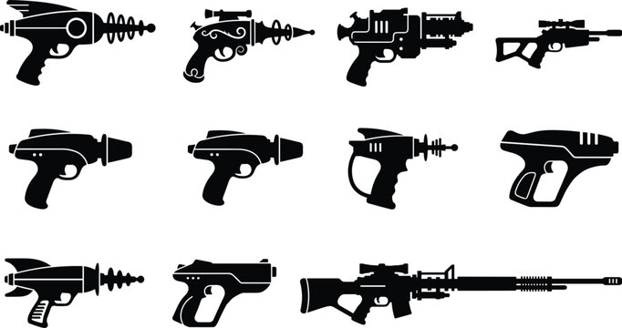 Futuristic sci-fi laser gun and blaster icons set featuring retro space weapon black silhouettes isolated on white background