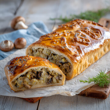 Pieczona bułka nadziewana kapustą i grzybami, z chrupiącą złocistą sk&oacute;rką, pokrojona na kawałki i podana na drewnianej desce.