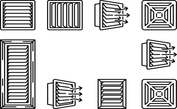 Minimalist HVAC Ventilation Air Vent Line Icon Set with Louvre Grille Airflow and Conditioner Duct Symbols