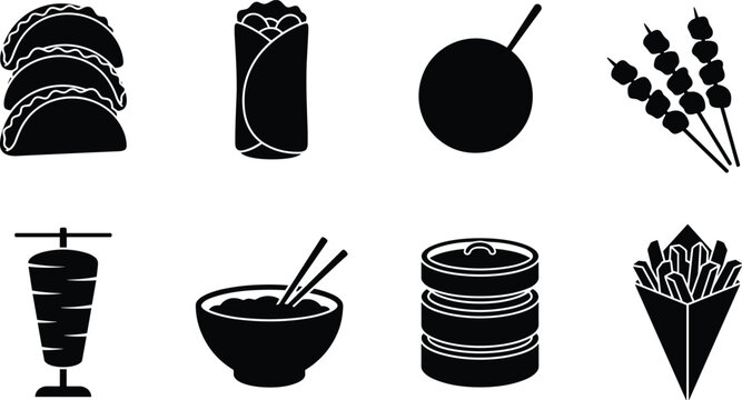 Fast Food Silhouette Icon Set Featuring Tacos, Burrito, Lollipop, Skewers, Kebab, Noodles, Fries and Steamer Basket