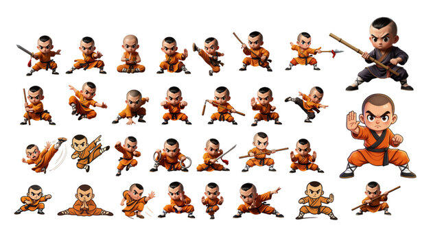 3D Cute Little Shaolin Kung Fu Master Character Poses With Weapons Vector Set