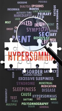 Hypersomnia under magnifying glass, being researched, studied and examined. Most important subjects and ideas related to hypersomnia written around a puzzle to symbolize complexity of hypersomnia.