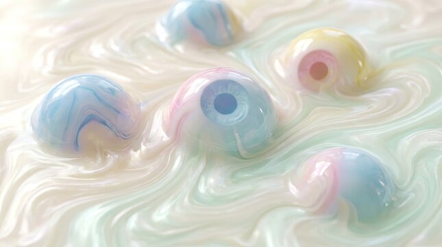Abstract trippy background with melting eyes concept. Colorful abstract spheres floating in a creamy fluid background.