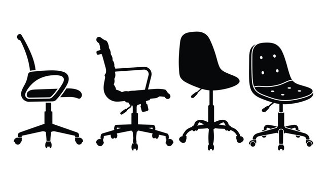 Set of modern office chair silhouettes featuring various designs and styles, all equipped with swivel bases and castor wheels.