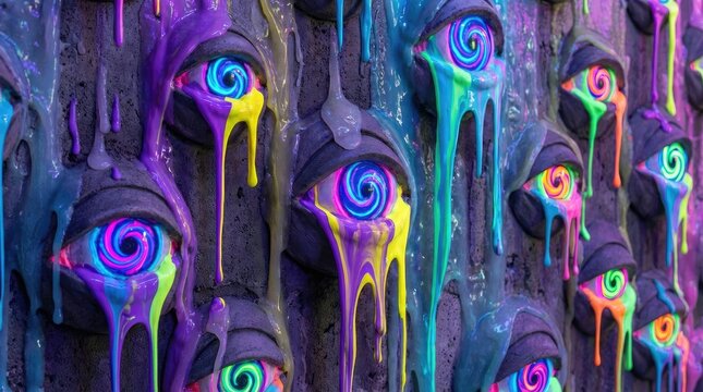 Abstract trippy background with melting eyes concept. Colorful abstract wall art featuring vibrant, dripping eyes.