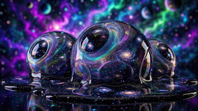 Abstract trippy background with melting eyes concept. Colorful cosmic bubbles floating in a vibrant galaxy background.