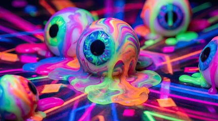 Fototapeta premium Abstract trippy background with melting eyes concept. Vibrant neon melting eyeballs creating a surreal visual experience.
