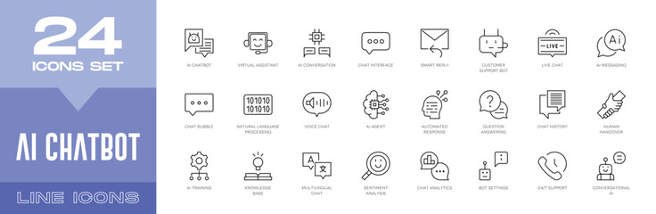 AI Chatbot Line Icons Set - Virtual Assistant, Artificial Intelligence, Editable Stroke Vector Collection © Patel