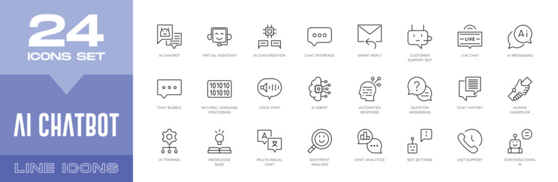 AI Chatbot Line Icons Set - Virtual Assistant, Artificial Intelligence, Editable Stroke Vector Collection