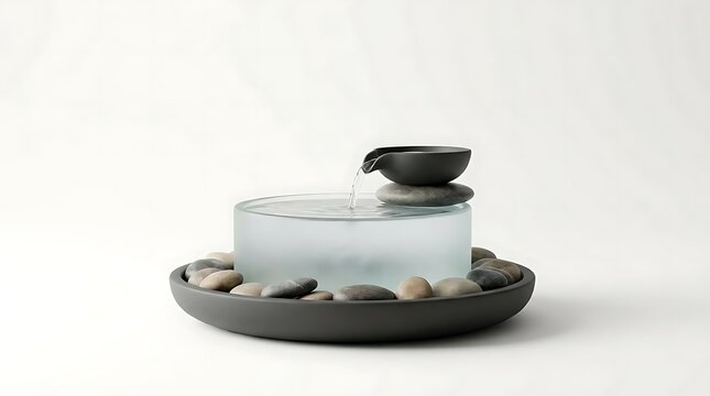 Minimalist indoor tiny water feature for home or office desk decoration featuring smooth river stones and a frosted glass basin against a clean white background.