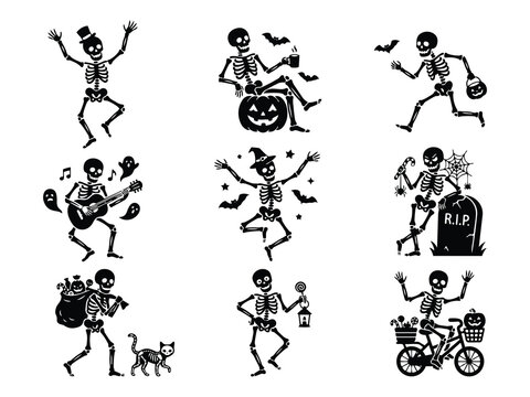 Vector silhouette pack of active black Halloween skeletons playing guitar riding a bike and trick or treating on white