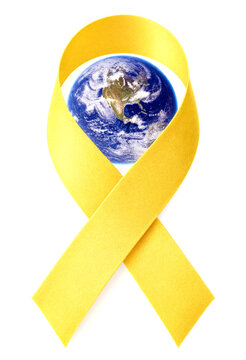 Bright yellow awareness ribbon with a realistic earth image inside it symbolizing global support