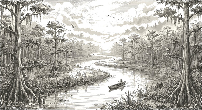 Vintage woodcut etching vector illustration depicting aged cypress trees with moss in a misty swamp wetland bayou landscape, artistic retro nature engraving style.