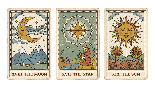 Tarot cards moon star sun isolated on transparent background transparent background