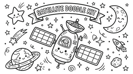 Playful Satellite Doodle Kit with Astronaut, Planets, and Space Objects. © pixmastock