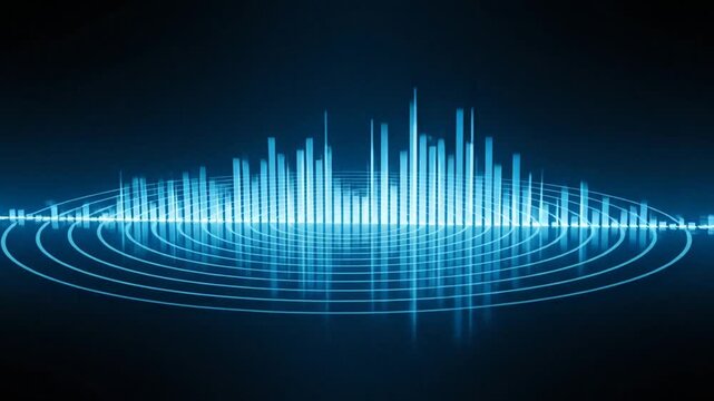 Fluctuating blue digital sound equalizer showing audio waves and concentric circles