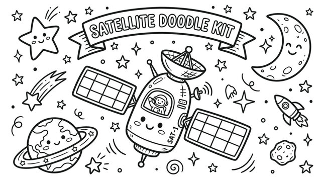 Playful Satellite Doodle Kit with Astronaut, Planets, and Space Objects.
