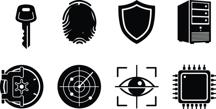 Cyber Security and Digital Protection Icon Set with Key Fingerprint Shield Server Vault Radar Eye and Microchip Symbols