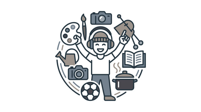 Elegant Minimalist Line Art of Multitalented Person Surrounded by Creative and Active Lifestyle Icons