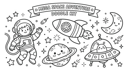 Playful space adventure with astronauts, rockets and planets featuring stars, moons and UFOs in a doodle style science scene. © pixmastock