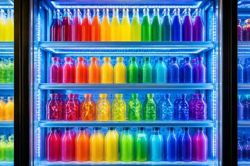 Obraz premium Glass bottles filled with various colored drinks are lined up in a cold display. The light reflects off the bottles, creating a lively atmosphere. Customers may choose their favorite drink.