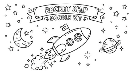 Whimsical Rocket Doodle Kit Illustration Featuring Space, Moon, and Stars. © pixmastock