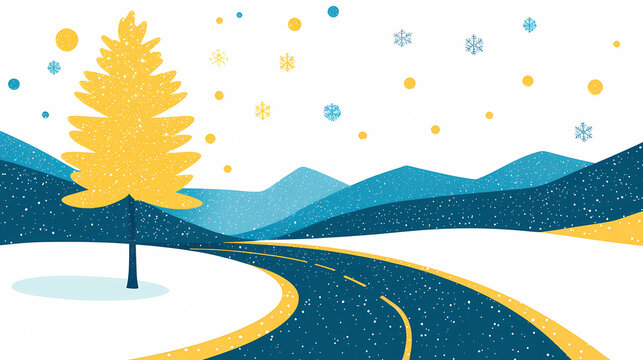 Snowy Winter Road Landscape with Yellow Tree