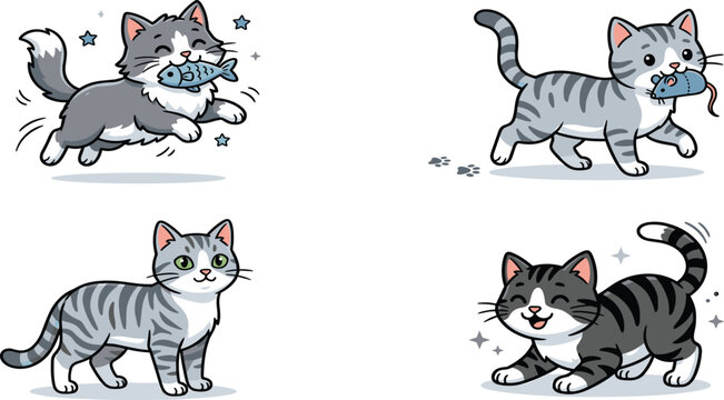 Cute Cartoon Grey Tabby Cat and Kitten Character Set with Playful Poses Holding Fish and Mouse Toys for Children Illustrations and Stickers