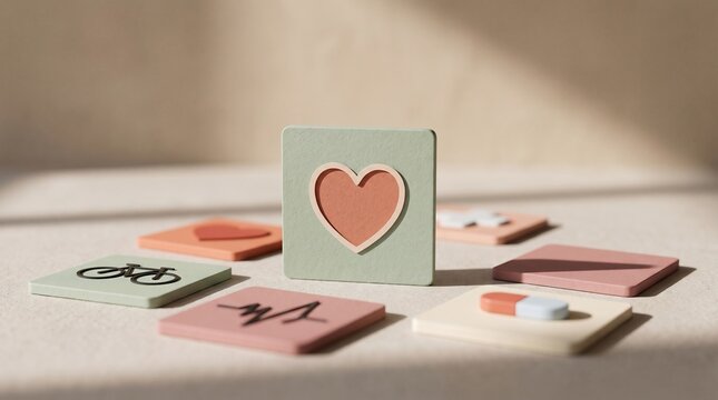Minimalist healthcare concept with a central heart icon surrounded by various wellness symbols tiles
