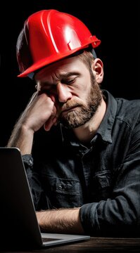 Tired Construction Worker Leans on Hand at Laptop After Long Day