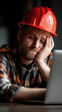 Tired Construction Worker in Red Hard Hat Rests Head on Hand at Laptop