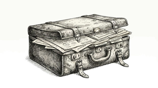 Vintage hand drawn engraving illustration of a professional leather briefcase stuffed with paper documents and files, isolated on a clean white background for business office concepts.