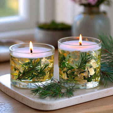 Elegant botanical candles burning with green sprigs and gold flakes