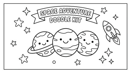 Space Adventure Doodle Kit Featuring Planets, Rockets, and Stars. © pixmastock