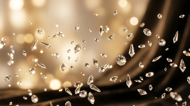 Shiny transparent diamonds falling against elegant golden and dark background, luxury jewelry.