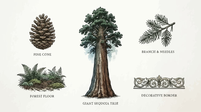 Antique botanical illustration of a massive giant sequoia tree in a classic vintage woodcut engraving style, detailed redwood trunk and foliage, isolated on a clean white background.