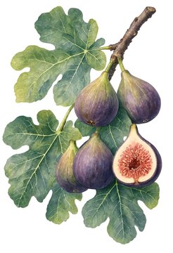 Ripe purple figs with green leaves on a branch, one fig cut open