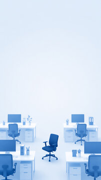 One empty office chair among filled desks in a vertical layout - labor shortage and recruitment concept banner with copy space