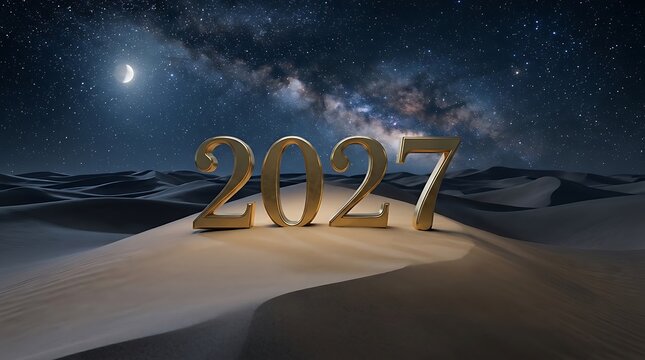 Golden number 2027 displayed on desert sand dunes under a starry night sky with milky way and moon.