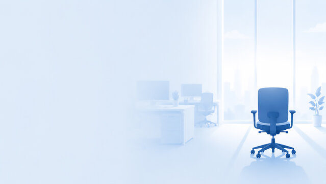 One empty office chair turned away and facing a bright window seen from behind - employee resignation and turnover concept banner with copy space