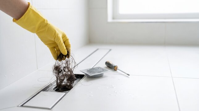 Person wearing yellow rubber glove removing tangled hair clog from a modern bathroom shower floor drain