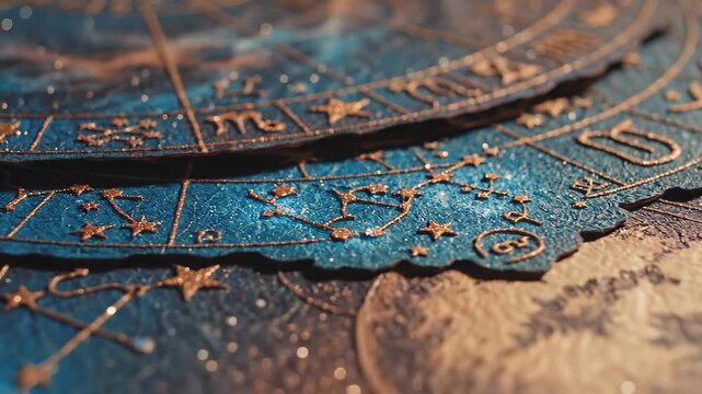 Ancient illustration of astrological golden star map concept. Close up of astrological zodiac signs on blue celestial star chart with golden constellations